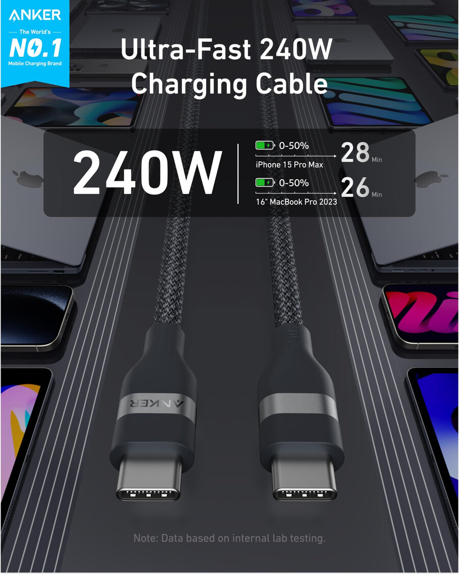 anker usb-c to usb-c cable 3 ft 6 ft 240w upcycled-braided 2-pack